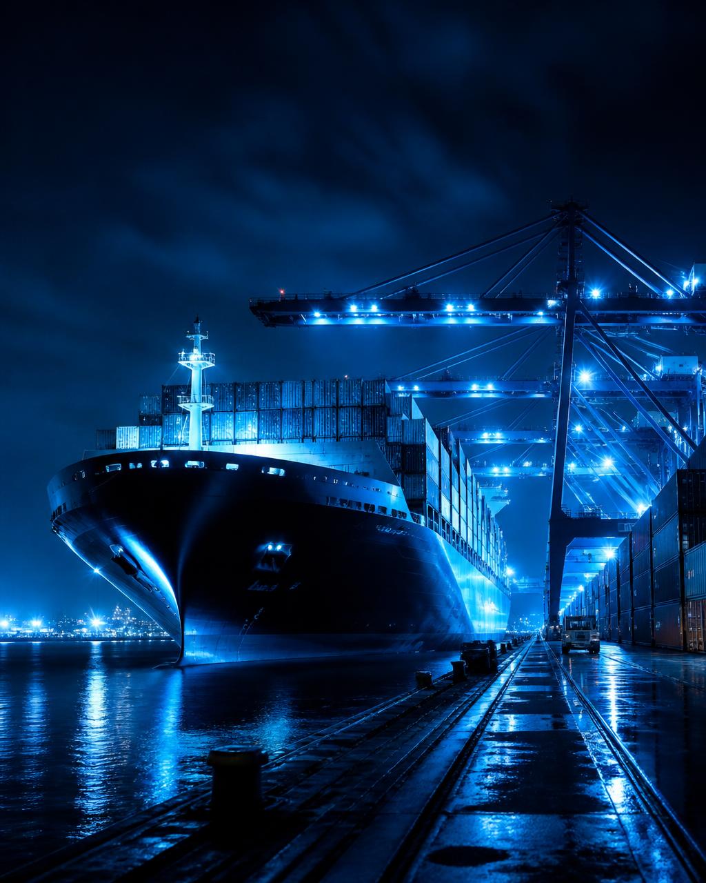 Cargo ship docked at a deep-sea container terminal at night